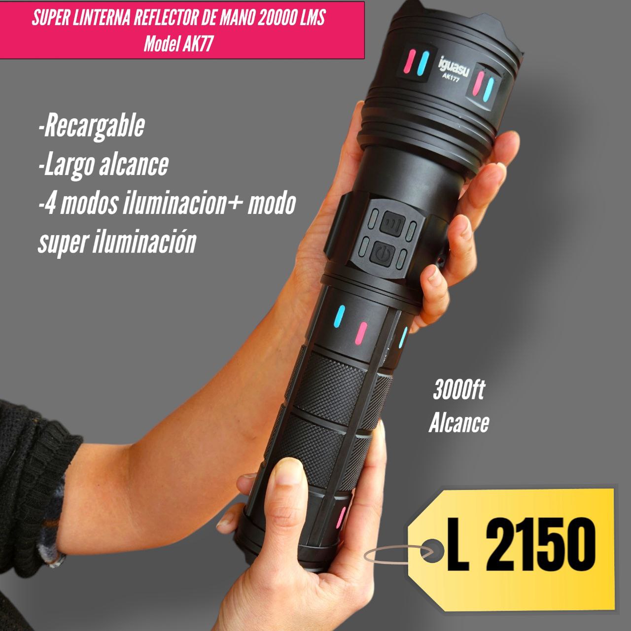 SUPER REFLECTOR LINTERNA RECARGABLE DE MANO AK77 DE 10000 LUMENS