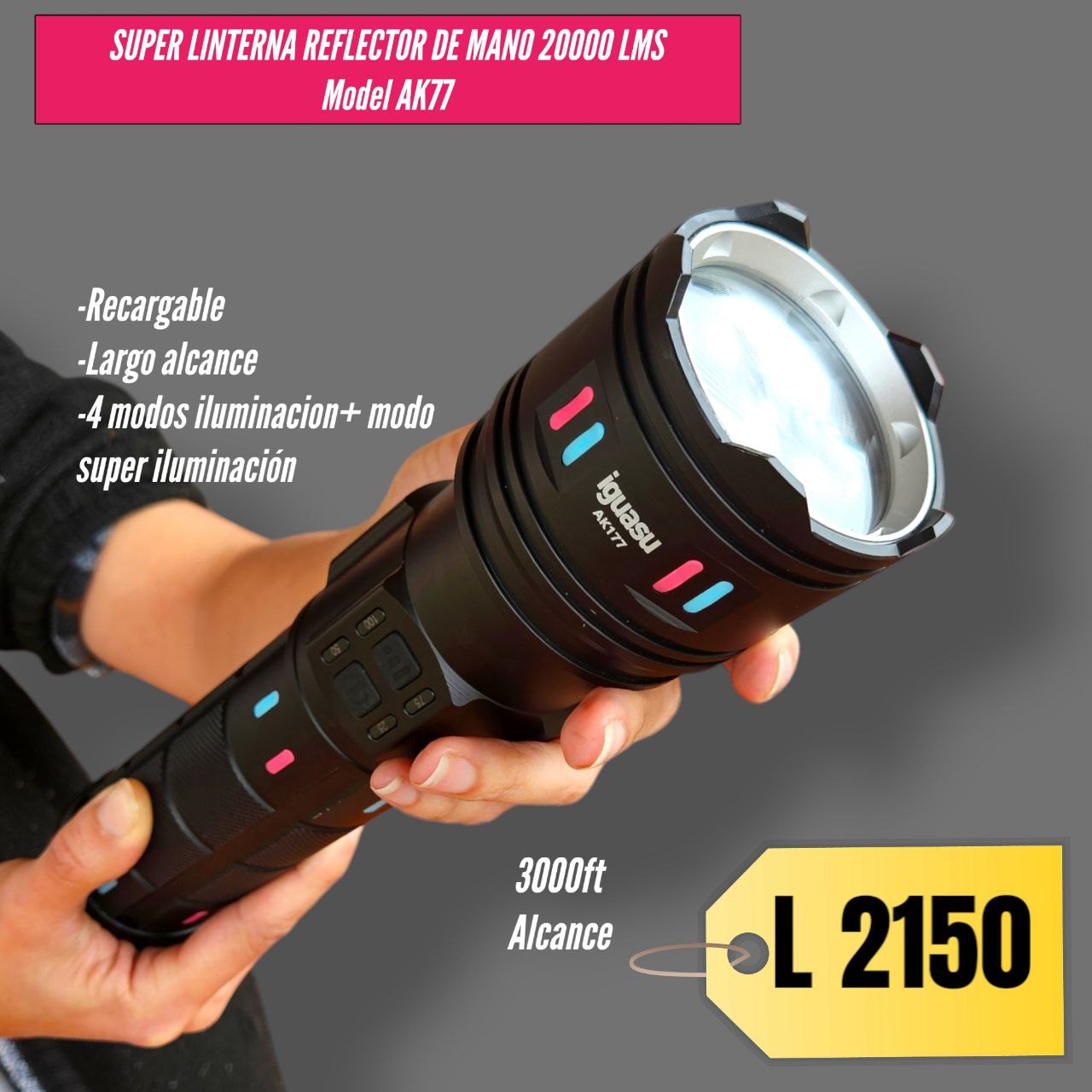 SUPER REFLECTOR LINTERNA RECARGABLE DE MANO AK77 DE 10000 LUMENS