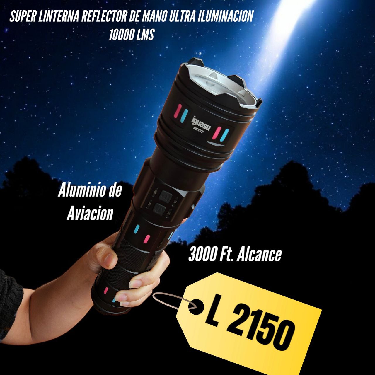 SUPER REFLECTOR LINTERNA RECARGABLE DE MANO AK77 DE 10000 LUMENS