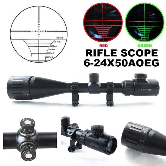 Telescopica 6-24x50  Caza óptico para  Rifle alcance Rojo Verde Doble Iluminado óptico